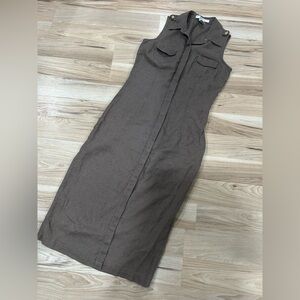 Vintage GEOFFREY BEENE SPORT Brown Olive 100% Linen Maxi Polo Shirt Dress Size 4